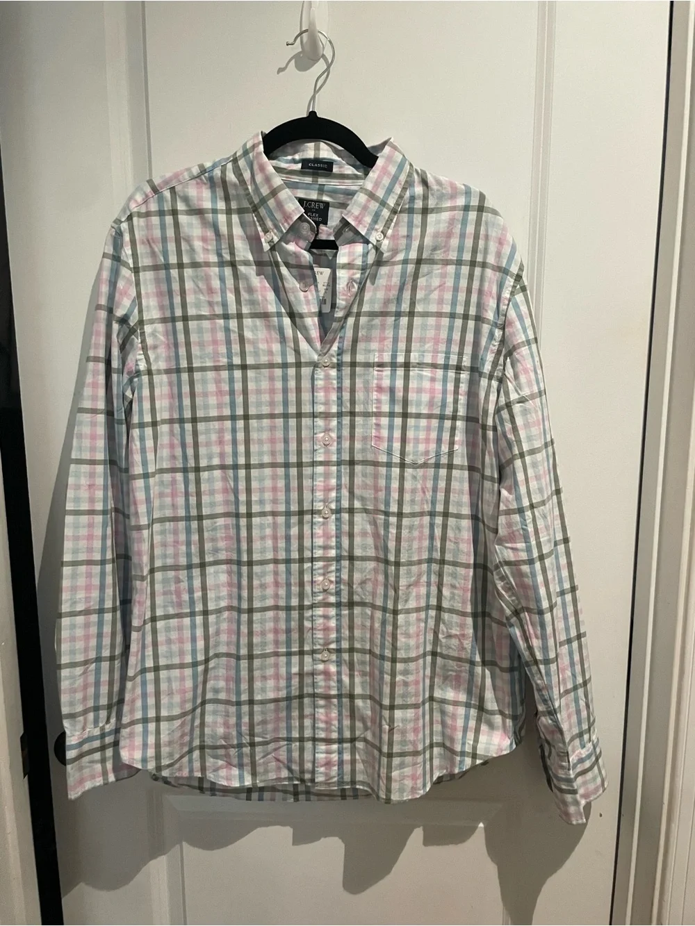 J. Crew Men's White Plaid Button-Down Shirt with Pink & Green Stripes - NWT
